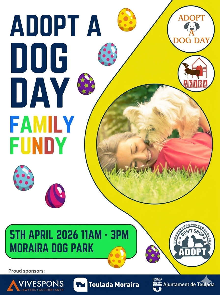 Flyer for the Adopt a Dog Day in Moraira on 5 April 2026 from 11am-3pm.  Come and meet us at the Paws Xaló Stall!