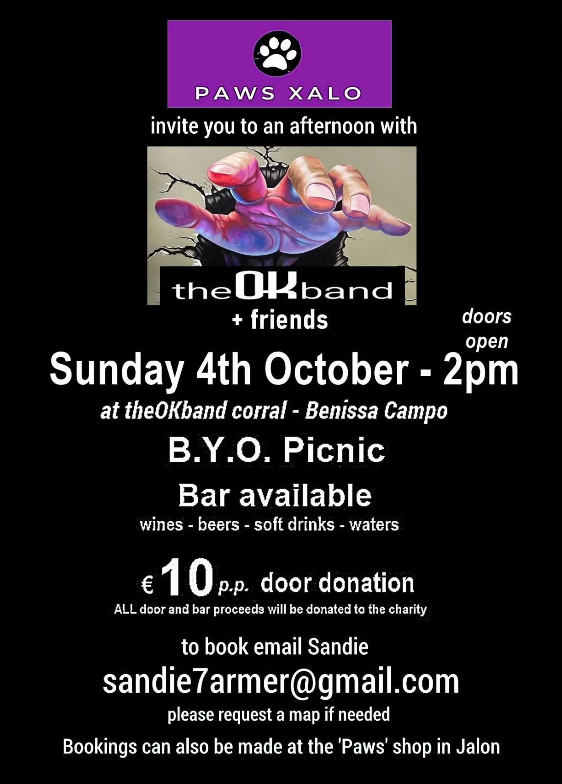 Flyer for Paws Xaló BYO Picnic event with the OK Band and Friends on Sunday 4 October 2026. Tickets are 10 euros with all proceeds going to the charity. There is a bar available. To book email Sandie on sandie7armer@gmail.com or visit the Paws Shop i