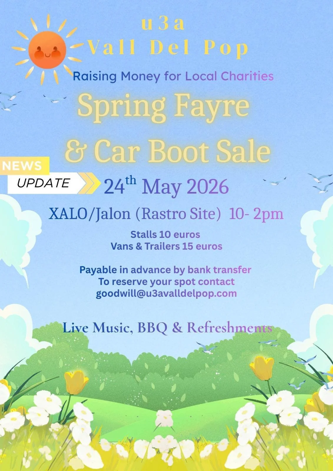 Flyer for the U3A Spring Fayre in Jalon on 24 May 2026 from 10-2pm.  Come and meet us at the Paws Xaló Stall!
