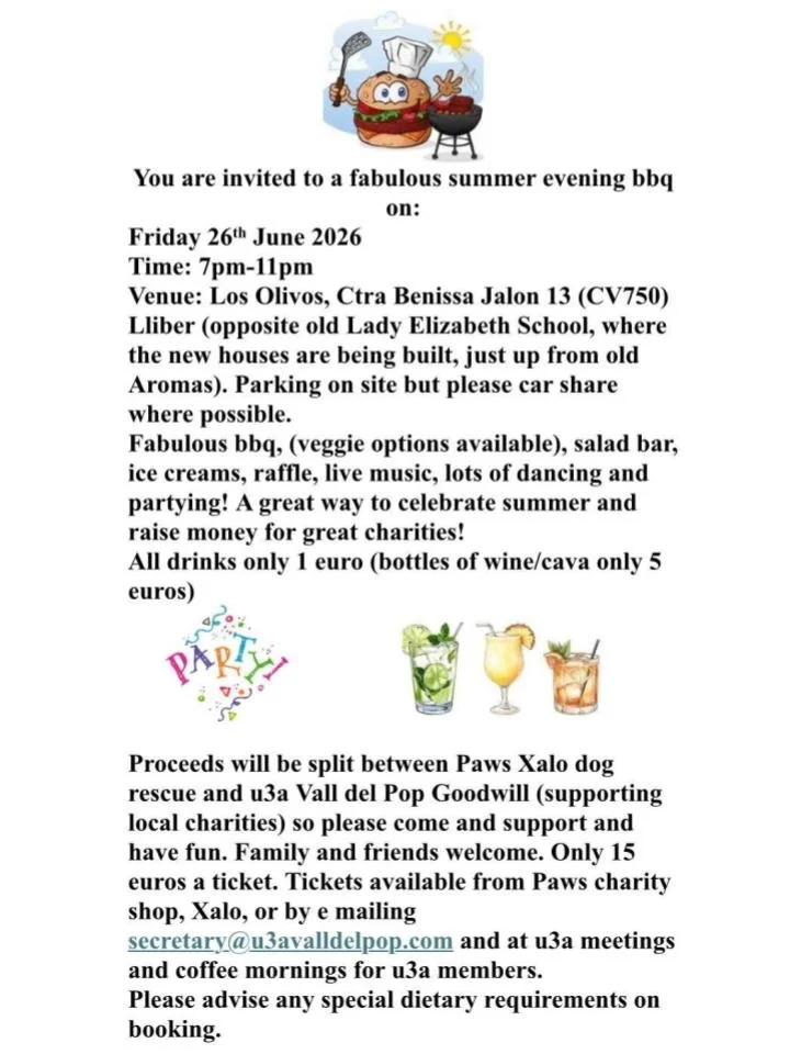 Flyer for Paws Xaló Summer Evening BBQ on Friday 26 June from 7pm to 11pm at Los Olivos Lliber. Tickets are 15 euros and can be bought from the Paws Xaló charity shop or vis the U3A.