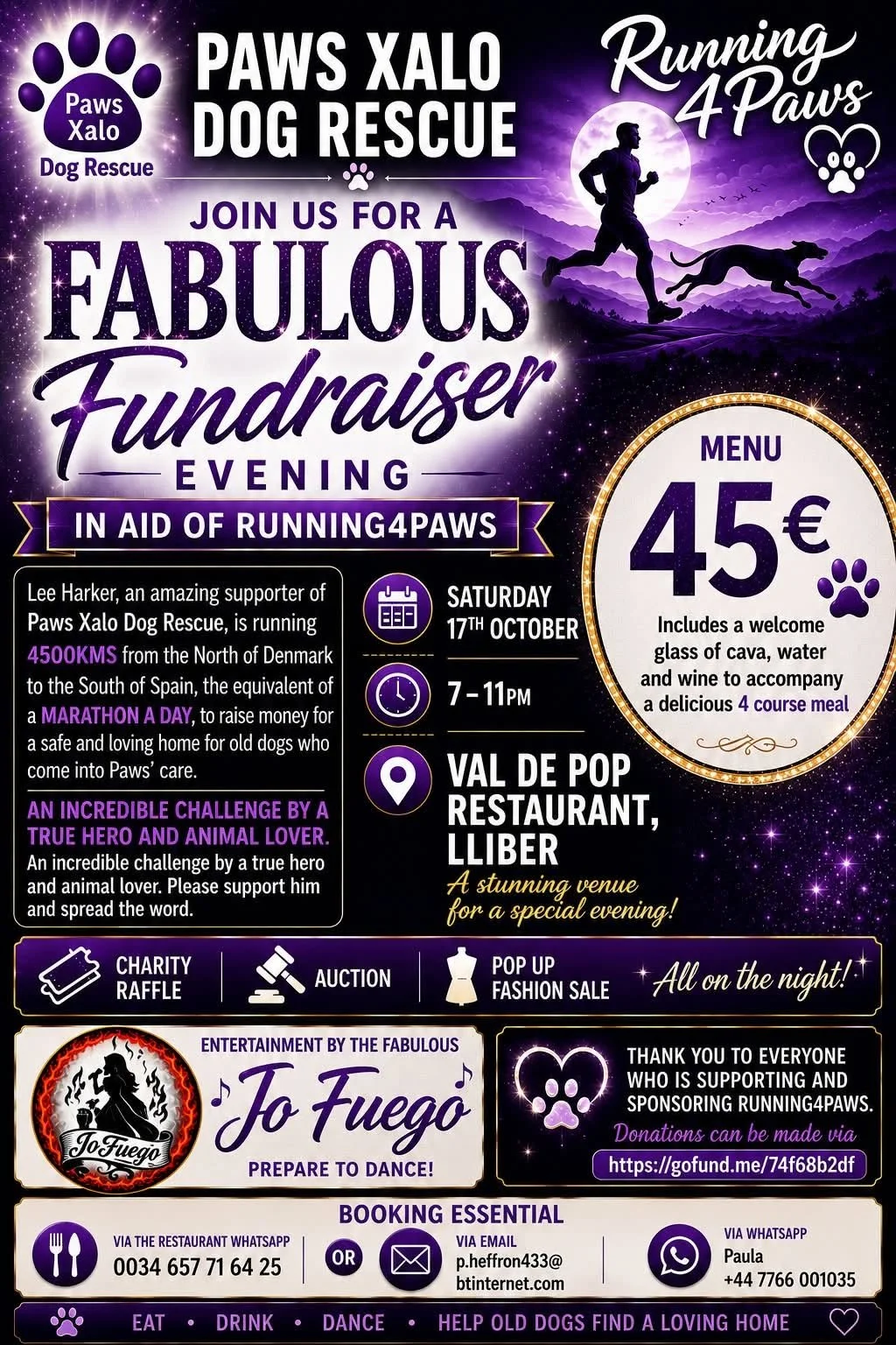 Flyer for a Running 4 Paws Fundraising Dinner at the Val De Pop Restaurant Lliber, on Saturday 17 October from 7pm to 11pm. Booking is essential - contact Paula Heffron on p.heffron433@btinternet.com or by Whatsapp on +447766001035.