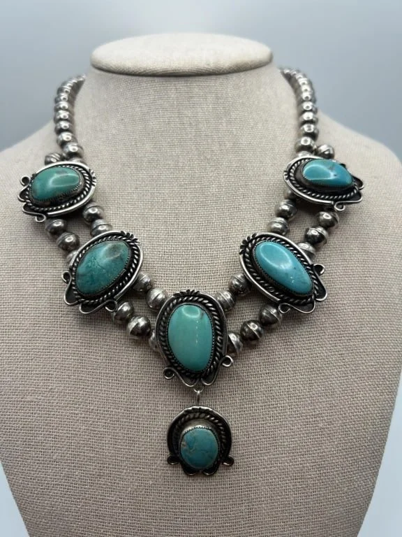 $625 - Estate Native American Sterling Turquoise Necklace