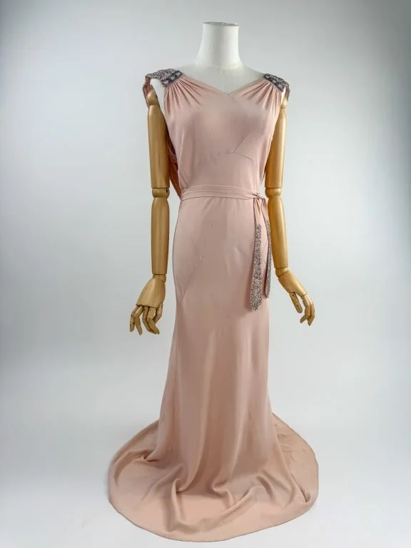 $750 - Vintage 1930s Pink Crepe Deco Beaded Evening Gown