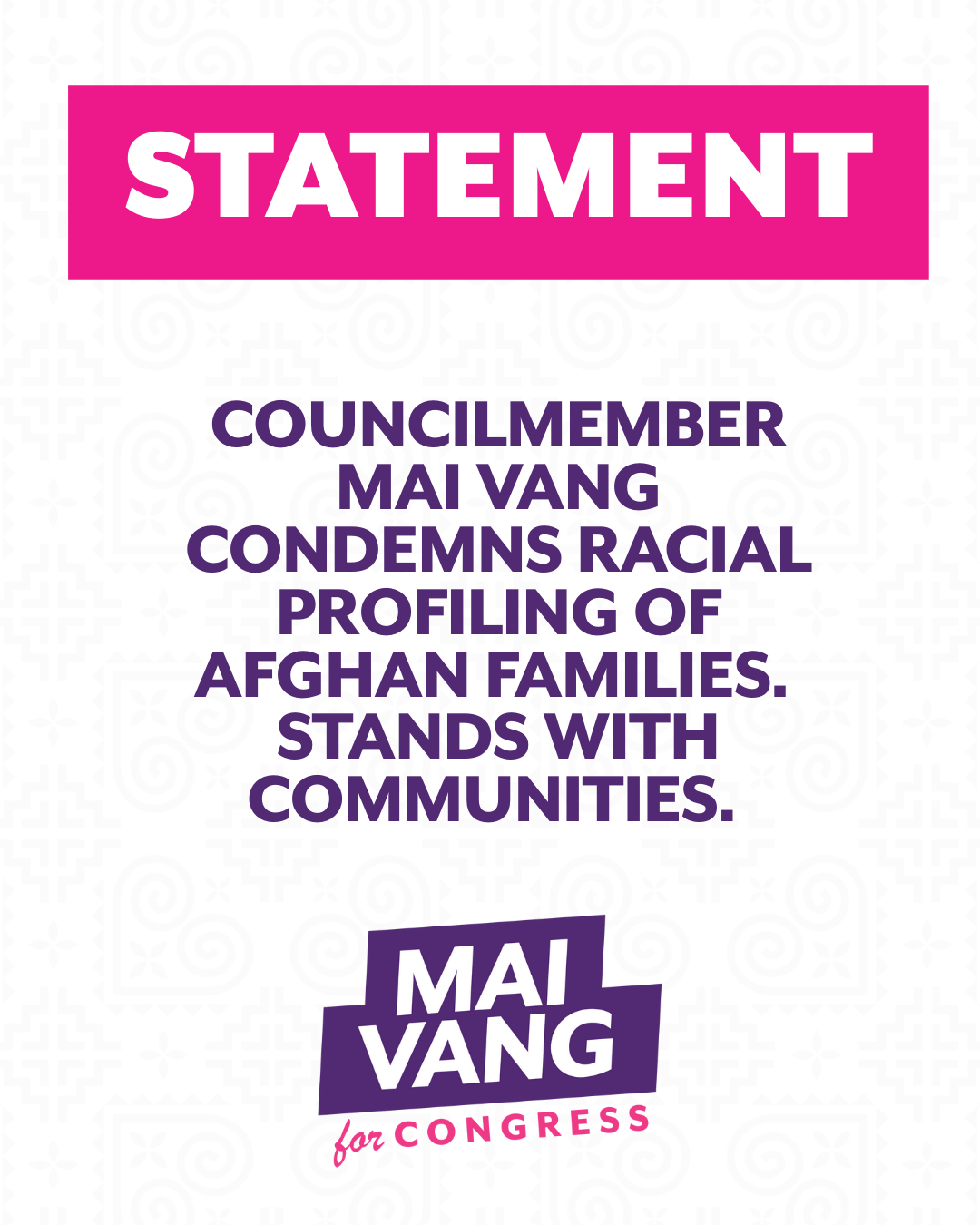 Councilmember Mai Vang condemns racial profiling of Afghan families.Stands with Communities.