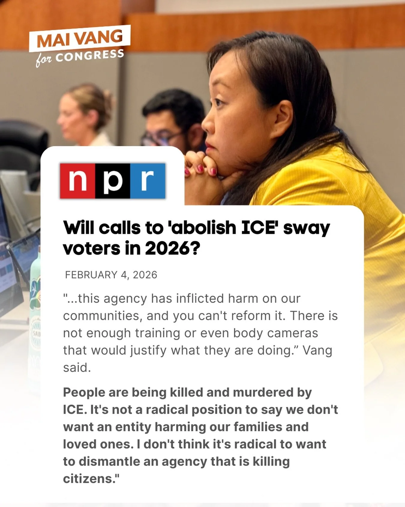 When asked if she considered shying away from using the slogan, Vang pushed back.

&ldquo;Not really because people are being killed and murdered by ICE,&rdquo; she said. &ldquo;It&rsquo;s not a radical position to say we don&rsquo;t want an entity h