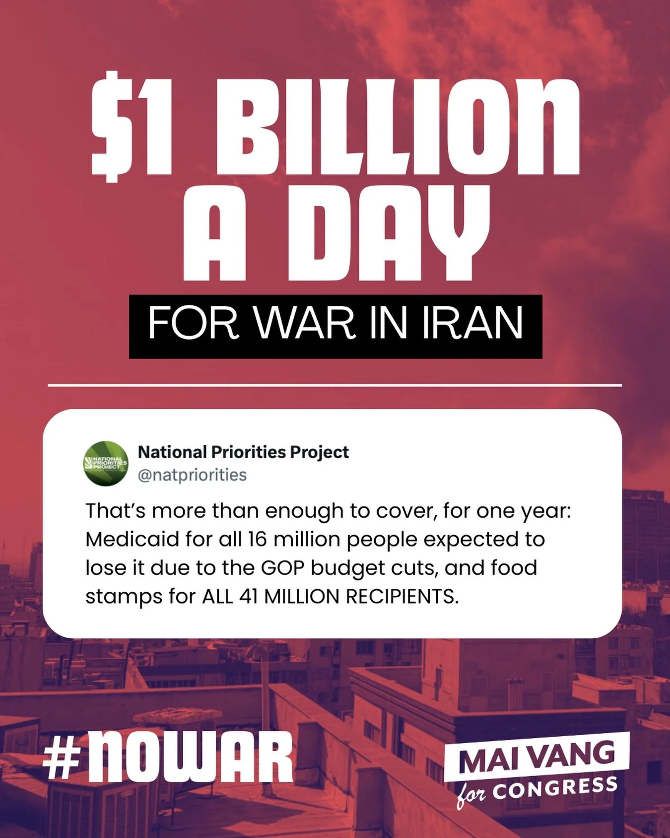 Trump and Netanyahu's dangerous and illegal war puts working people at home and across the world in grave danger. 

Weapon manufacturers make record profits while our working families suffer with skyrocketing gas prices, cuts to health care, and roar