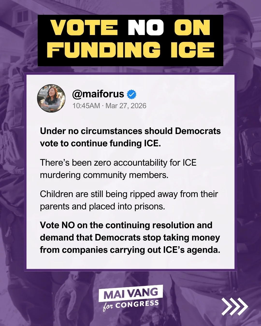 Vote NO on funding ICE! 
Democrats should not be taking money from corporations carrying out ICE's agenda.