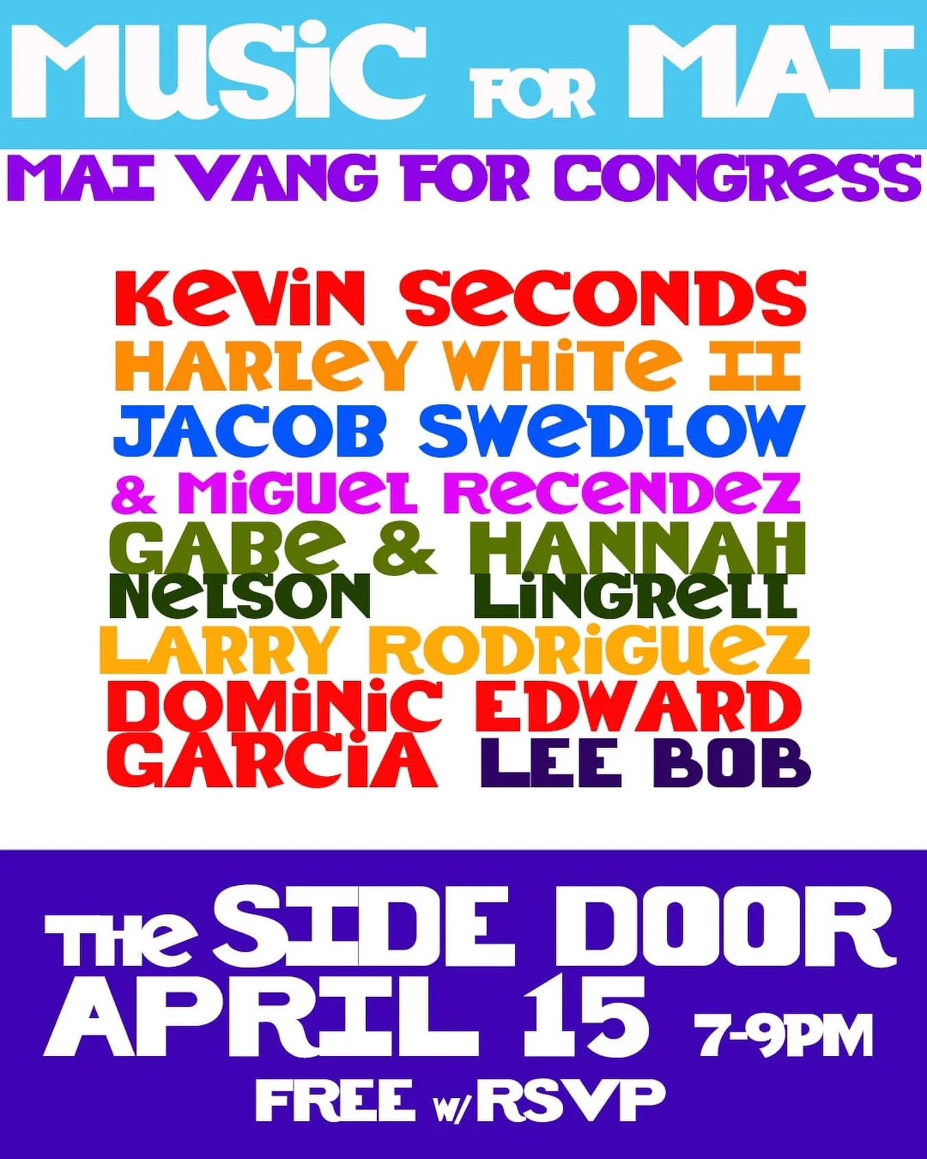 Join us at The Side Door for a house party with several amazing local artists in support of Mai Vang for Congress. RSVP 🔗 in bio!
