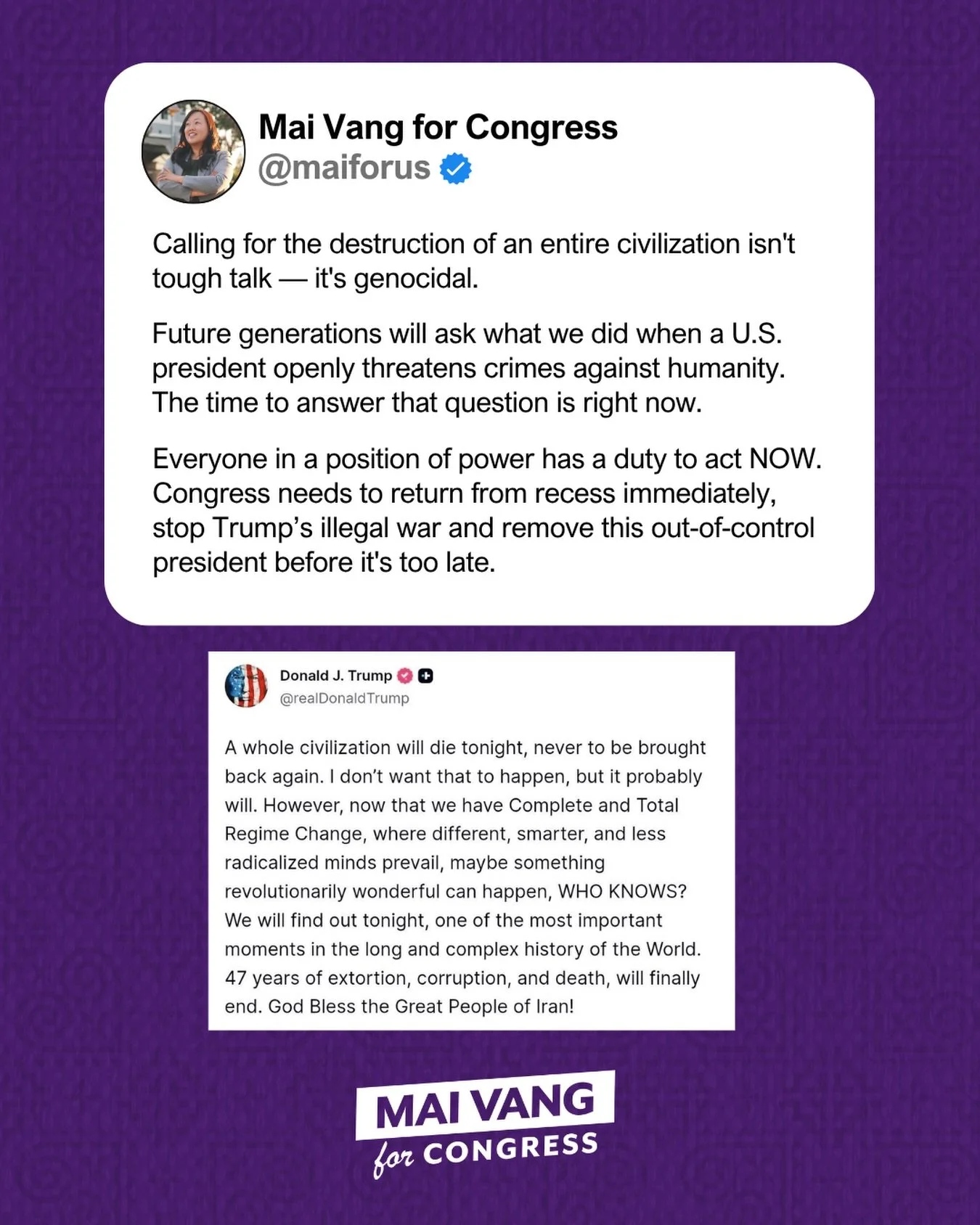 Calling for the destruction of an entire civilization isn't tough talk-- it's genocidal.

Future generations will ask what what we did when a US president openly threatens crimes against humanity. The time to answer that question is right now. 

Ever