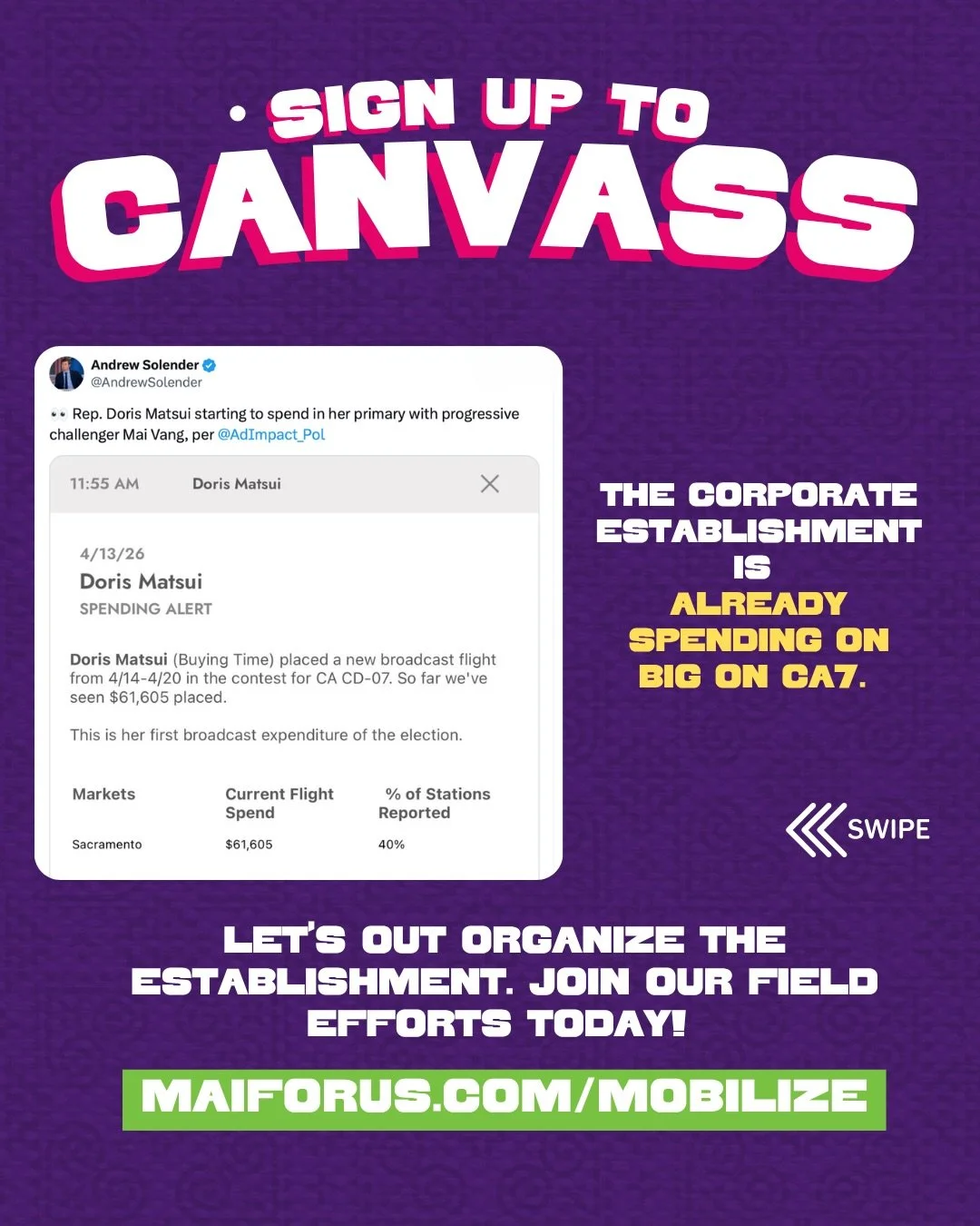 The corporate establishment is already spending big. Let&rsquo;s show em the strength of our people power! From Galt to Elk Grove to Oak Park, #TeamMai is all over CA7. Tap in.