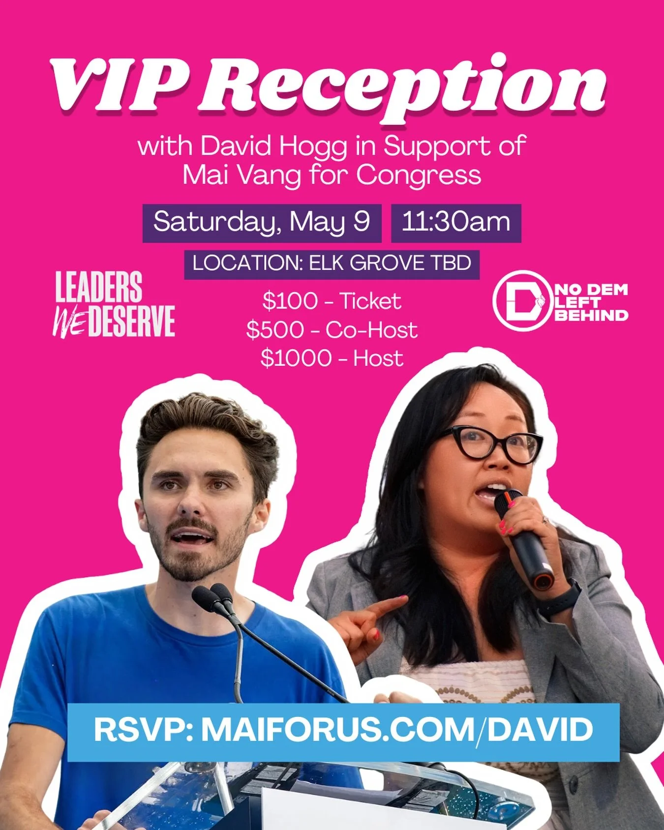 What do you want the future of the Democratic Party to look like? Time to get off the sidelines and onto the field. Join us for a intimate reception featuring @davidmileshogg and co-hosted by our friends at @nodemleftbehind. Tickets in bio.