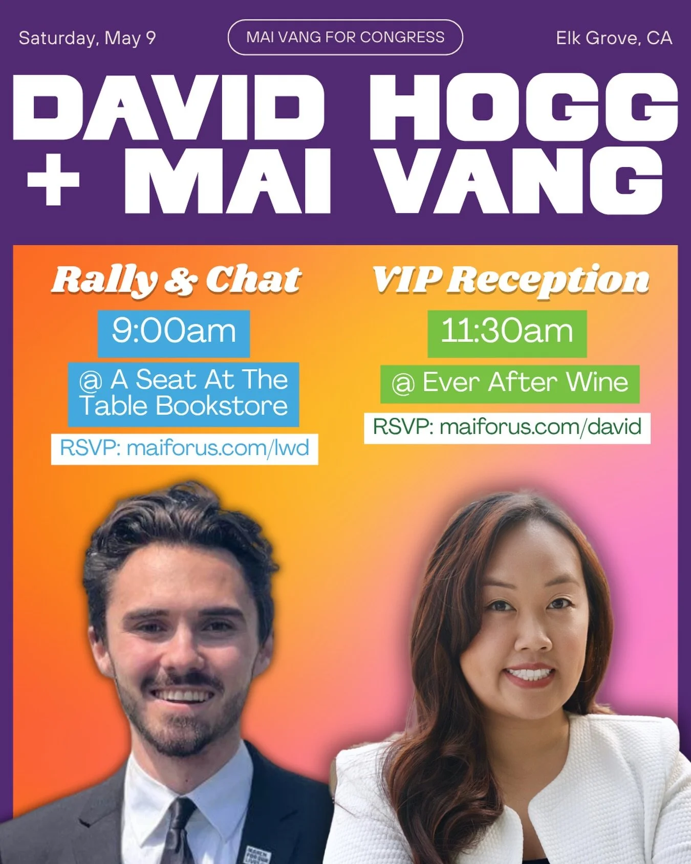 It's time for a new generation of leadership! Join @davidmileshogg &amp; Mai this weekend. Fireside chat + rally at @aseatatthetablebooks 
Ticketed Reception at @everafterwine 

Thank you to our amazing co-hosted: @csus.dems @daviscollegedemocrats @n