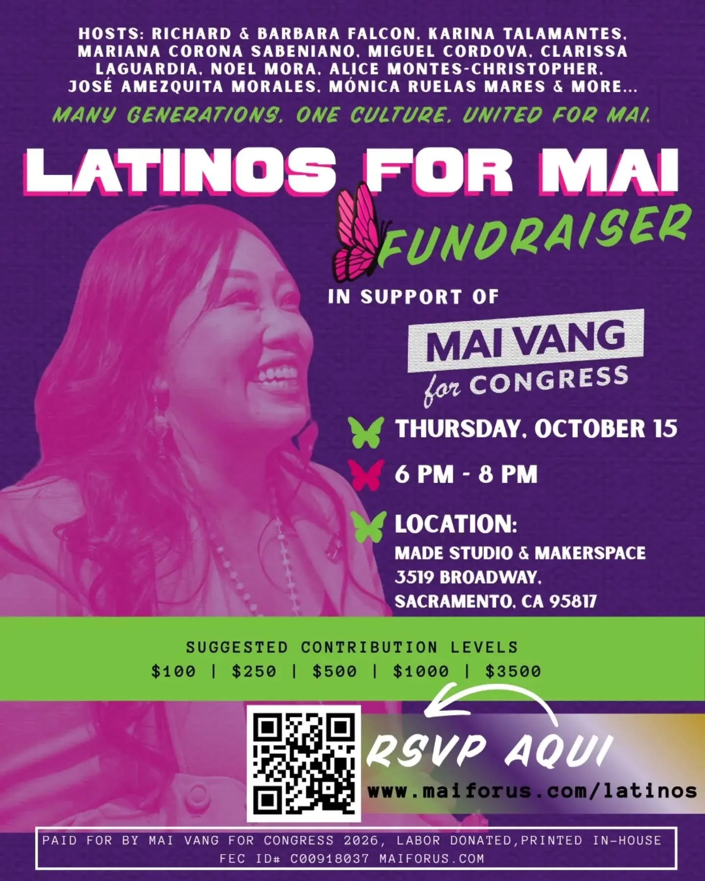 UPDATE‼️The location for our Latino Fundraiser is up. 

Thursday, October 15, 6pm - 8pm

Location: Made Studio &amp; Makerspace 3519 Broadway, Sacramento, CA 95817

RSVP 🔗 www.maiforus.com/latinos

Mai Vang is the daughter of Hmong refugees, a Sacra