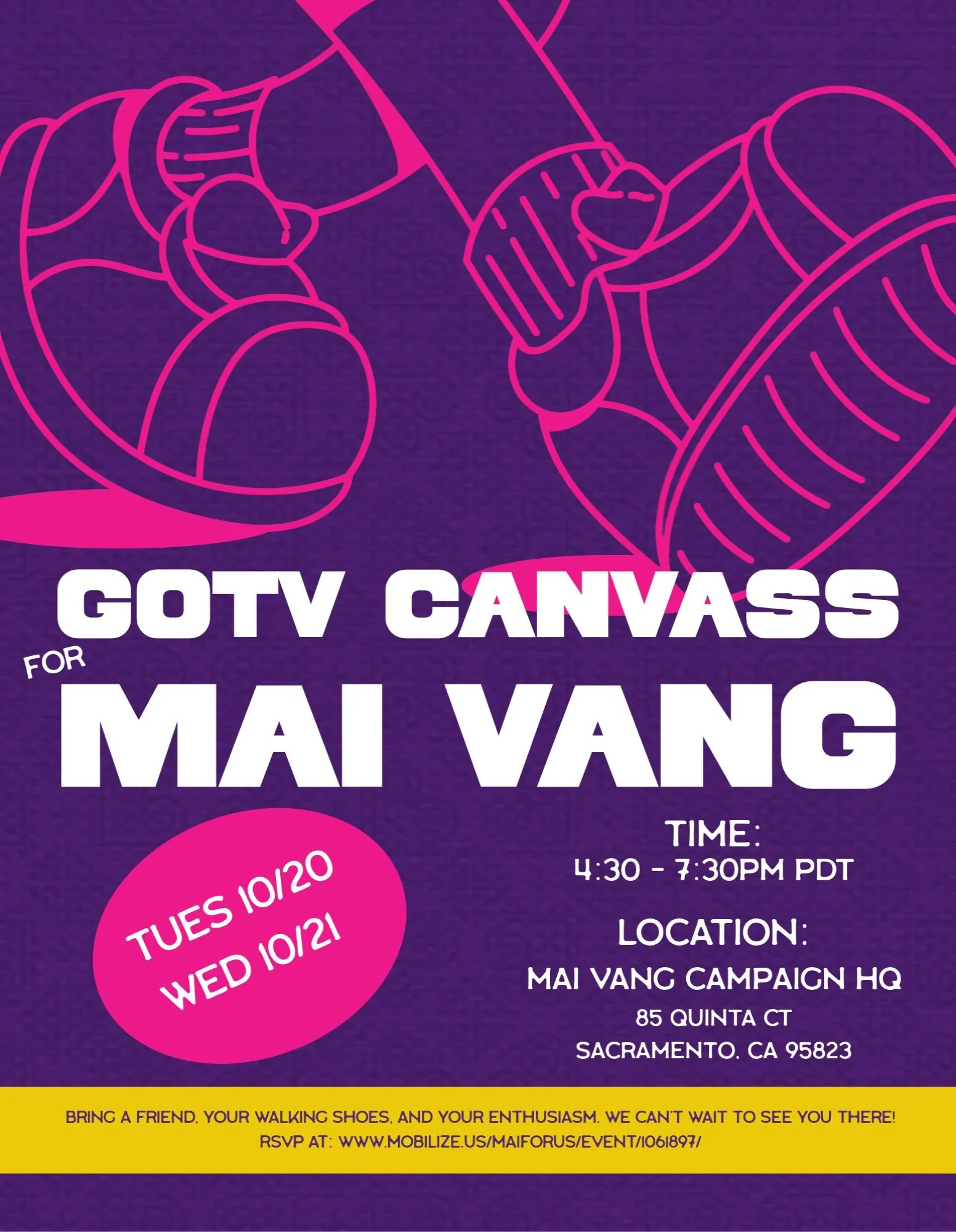 ✋It&rsquo;s all hands on deck! 🤚We have less than
three weeks left to knock on doors and talk to neighbors about why this election matters and how we can make a difference together. Please join us this Tuesday and Wednesday to canvass with Team Mai!