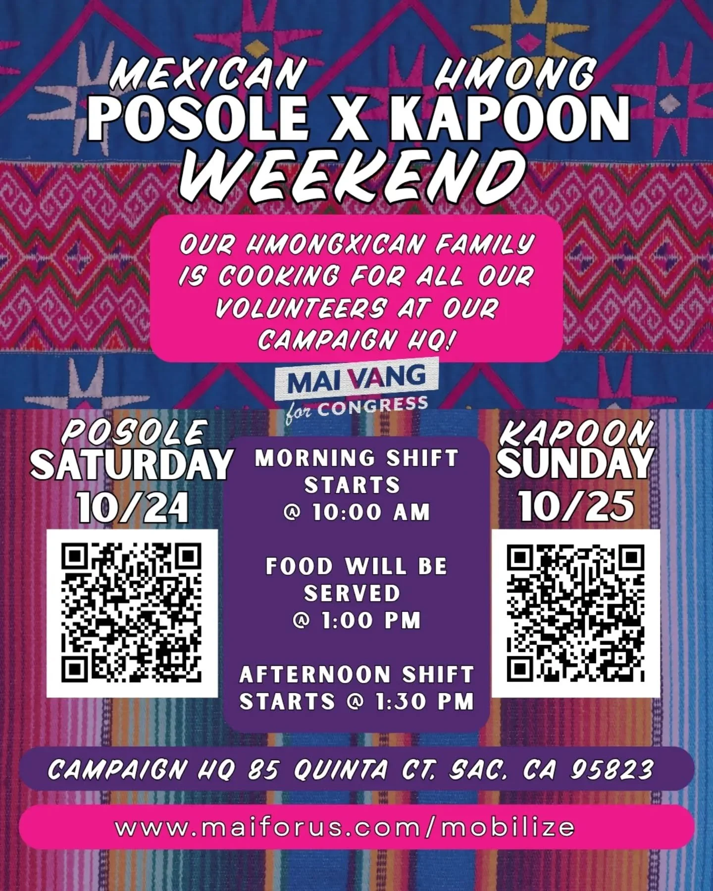 Our Hmongxican family is cooking for all of our volunteers this weekend! 🫶🏻✨ Join us this Saturday and Sunday for canvassing &amp; a cozy meal: 

Saturday 10/24, Mexican Posole
&amp;
Sunday 10/25, Hmong Kapoon 

Morning canvassing shifts start @ 10