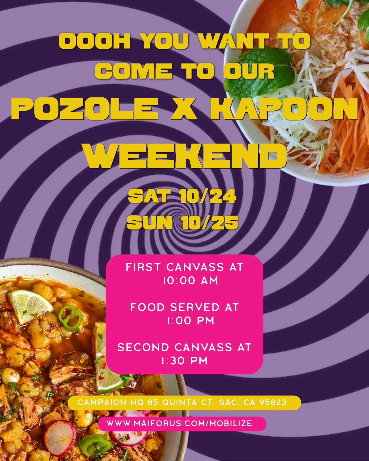 We certainly want you to come and join our Hmongxican family that's cooking for all of our volunteers this weekend! 🫶🏻✨ Join us this Saturday and Sunday for canvassing &amp; a cozy meal:

Saturday 10/24, Mexican Posole
&amp;
Sunday 10/25, Hmong Kap