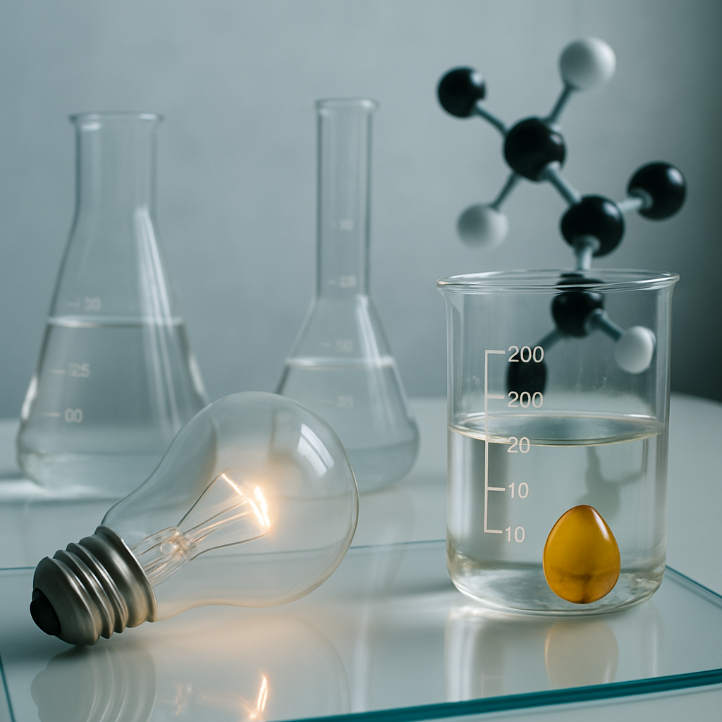 Bevande di laboratorio, tra cui un matraccio con acqua, un becher con acqua e un modello molecolare, oltre a una lampadina accesa e un uovo di vetro posizionati su una superficie di vetro.