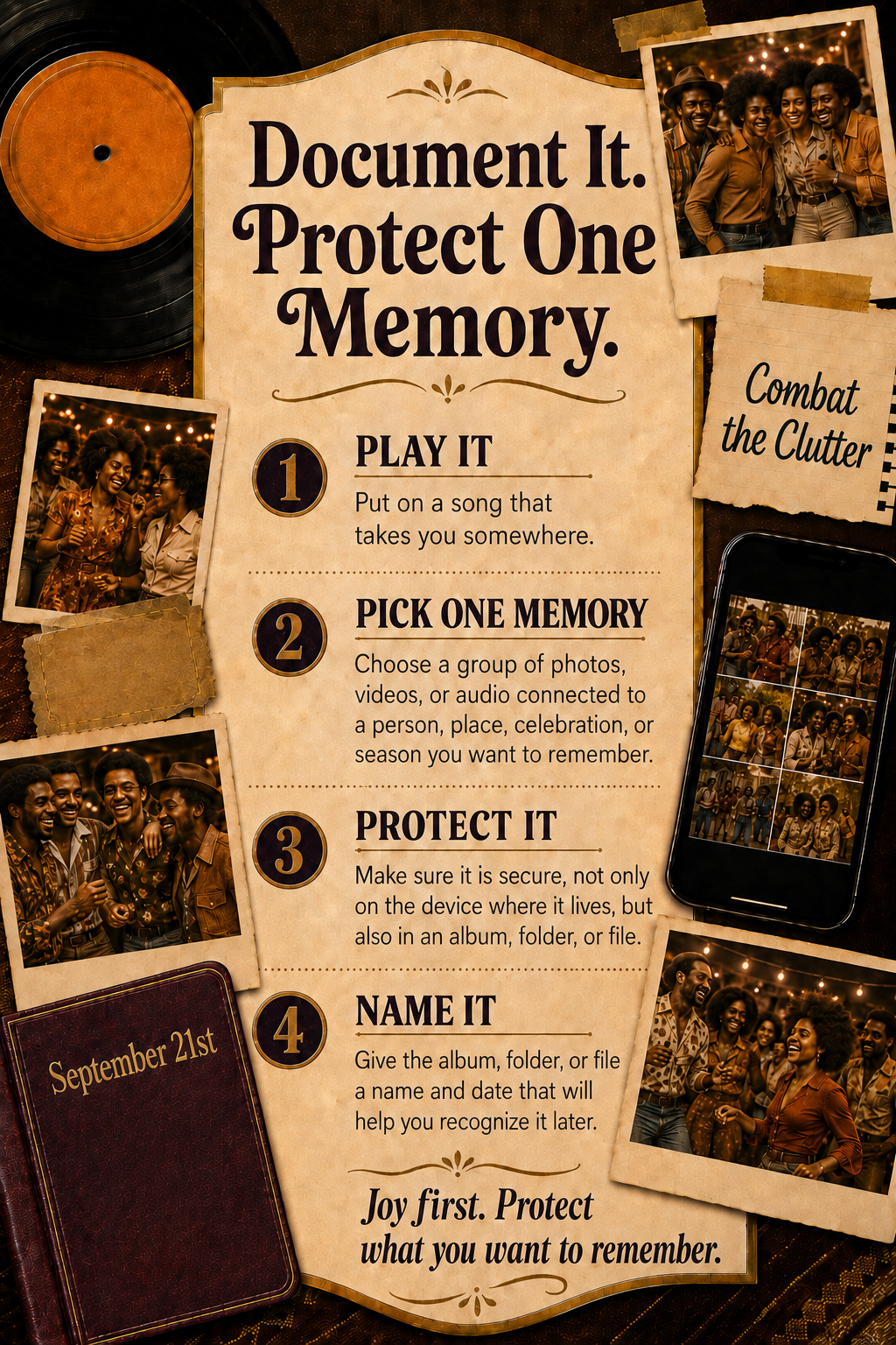 Combat the Clutter memory preservation poster encouraging users to choose meaningful photos, videos, or audio, organize them, and save them securely for the future.