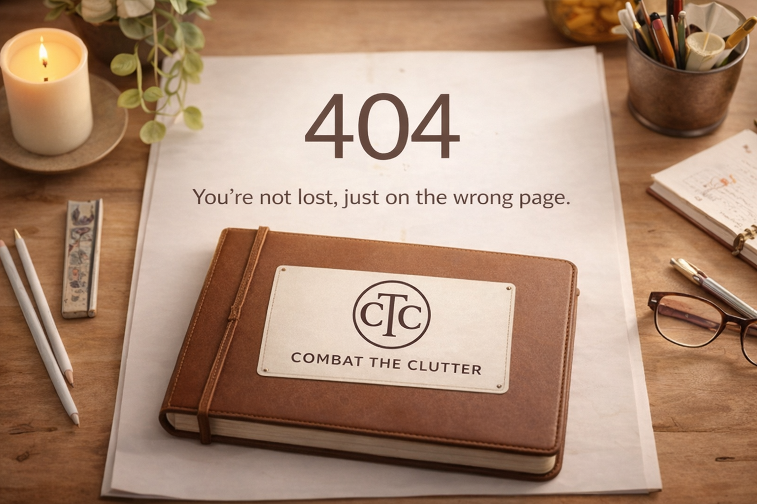 Combat the Clutter 404 error page with a book on a desk and a message indicating the wrong page.