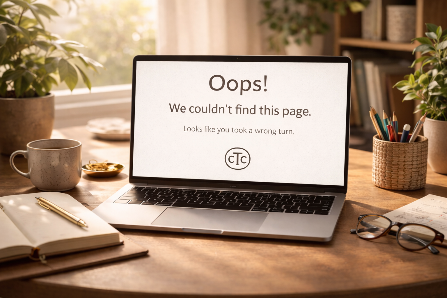 Combat the Clutter 404 error page shown on a laptop screen on a desk with a planner, mug, and office supplies.