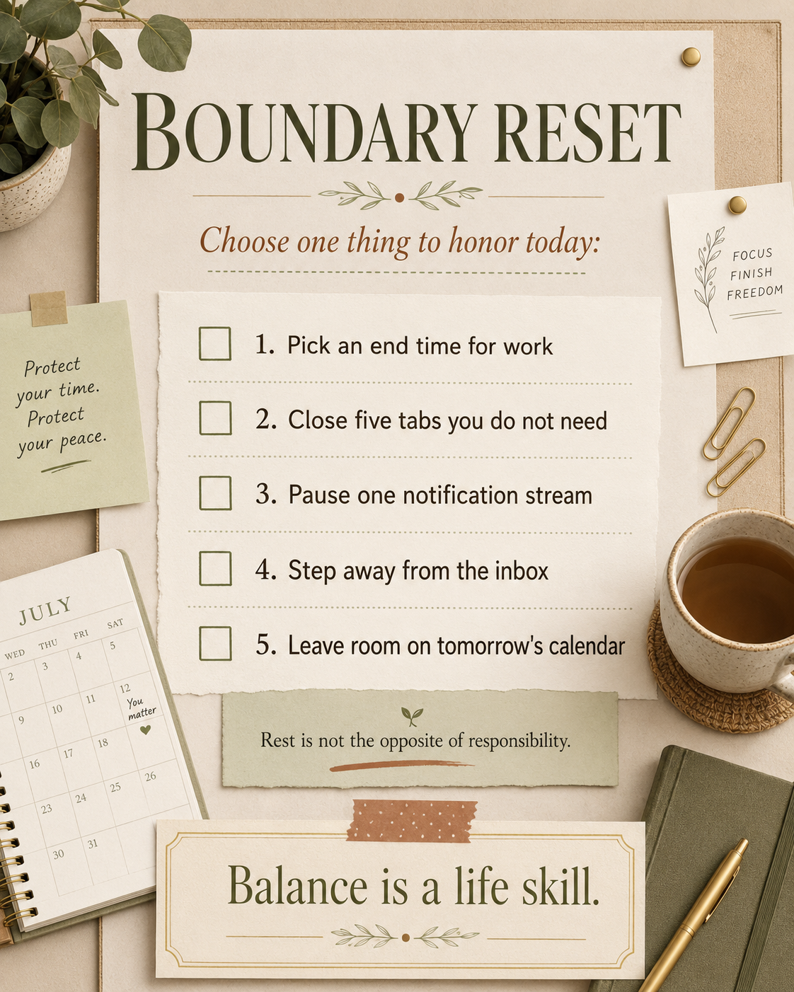 National Workaholics Day boundary-reset poster with practical reminders for logging off, closing tabs, and protecting time away from work.