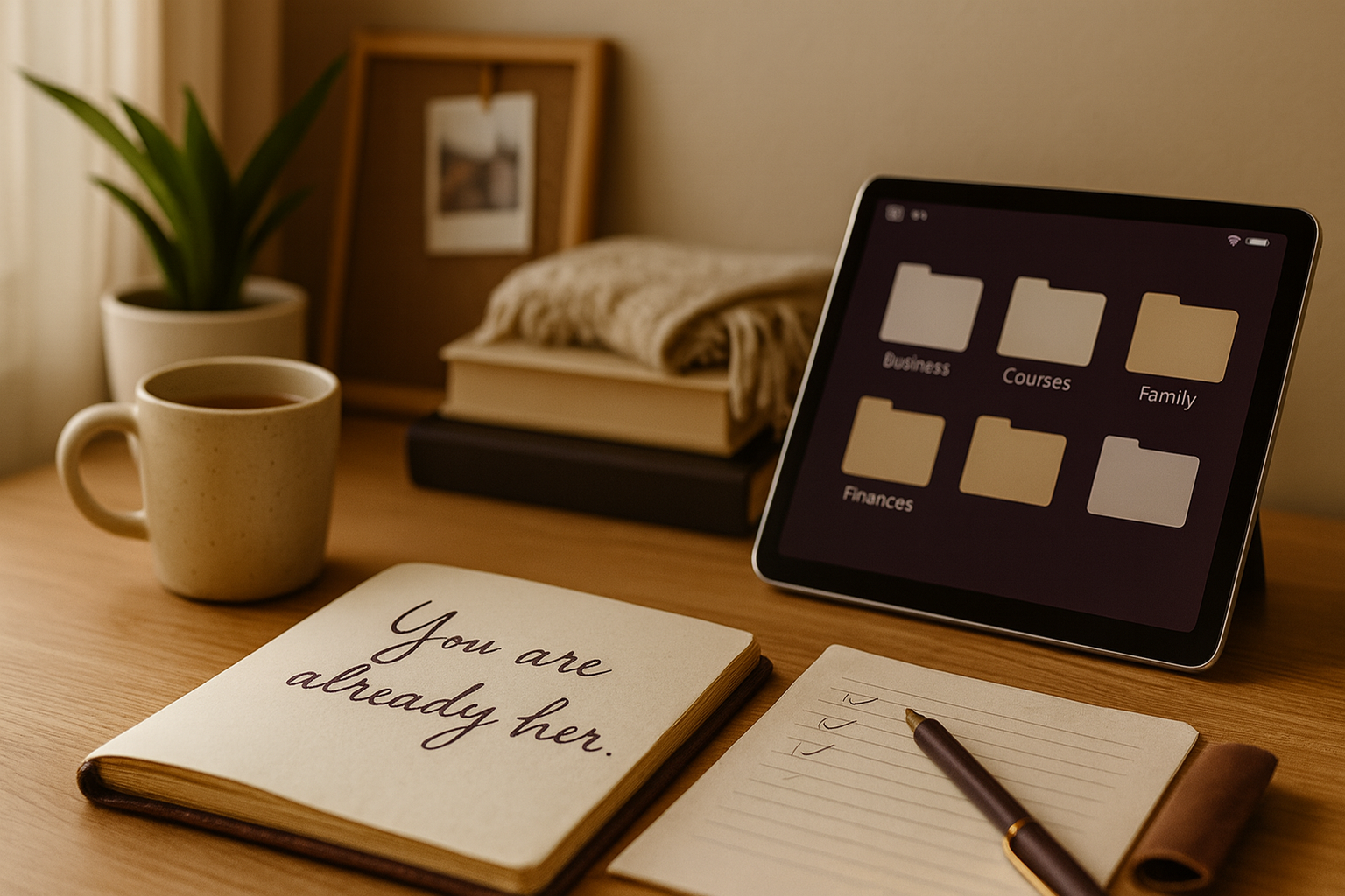 Desk scene with journal that says 'You are already her' and folders named Business, Courses, Family, Finances — reflecting how Combat the Clutter helps women simplify life, organize digital spaces, and reclaim calm.