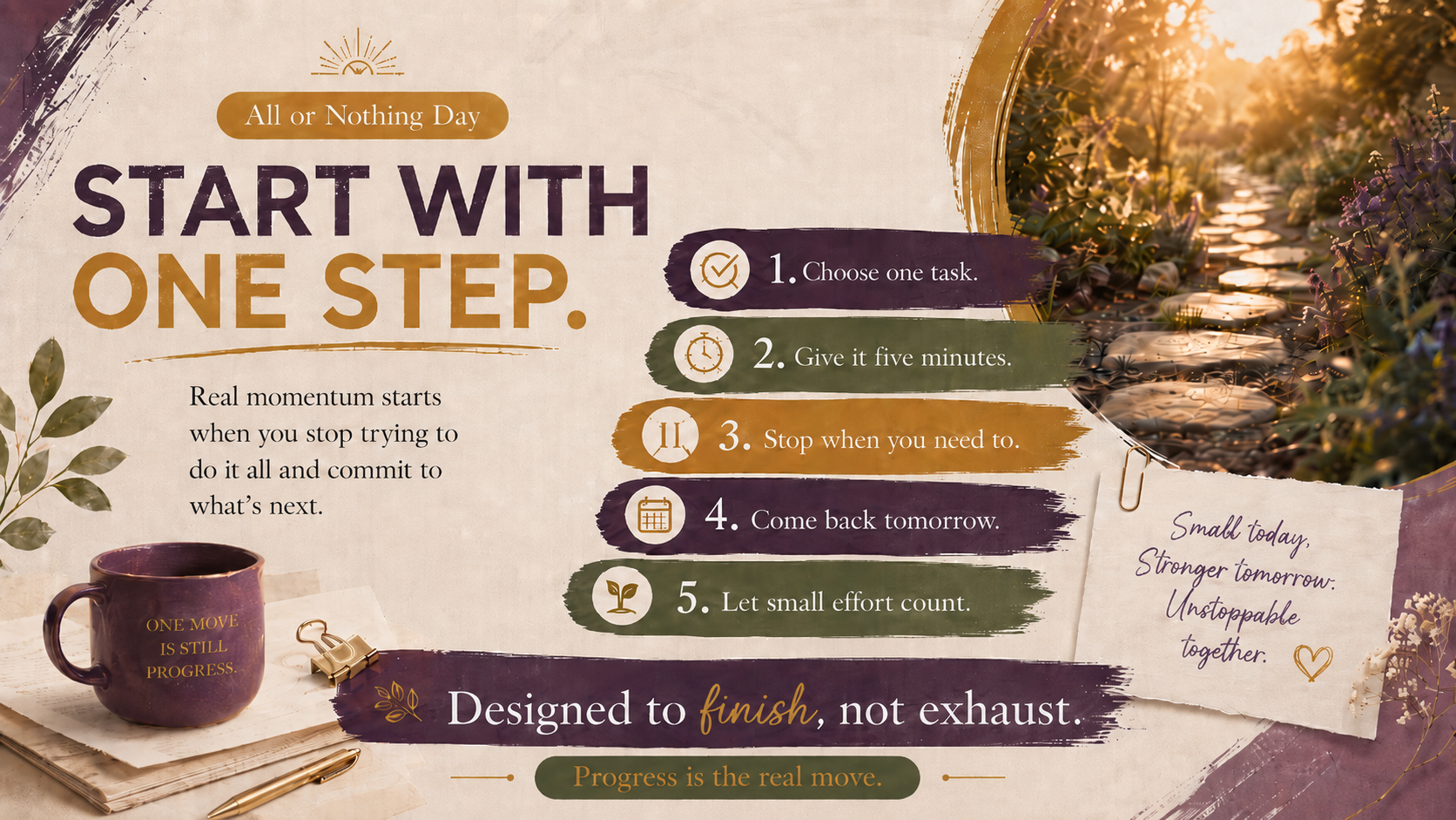 All or Nothing Day action-steps poster titled “All In Doesn’t Mean All at Once,” with five steps for choosing one project, defining done, clearing time, removing the biggest obstacle, and stopping at the finish line.