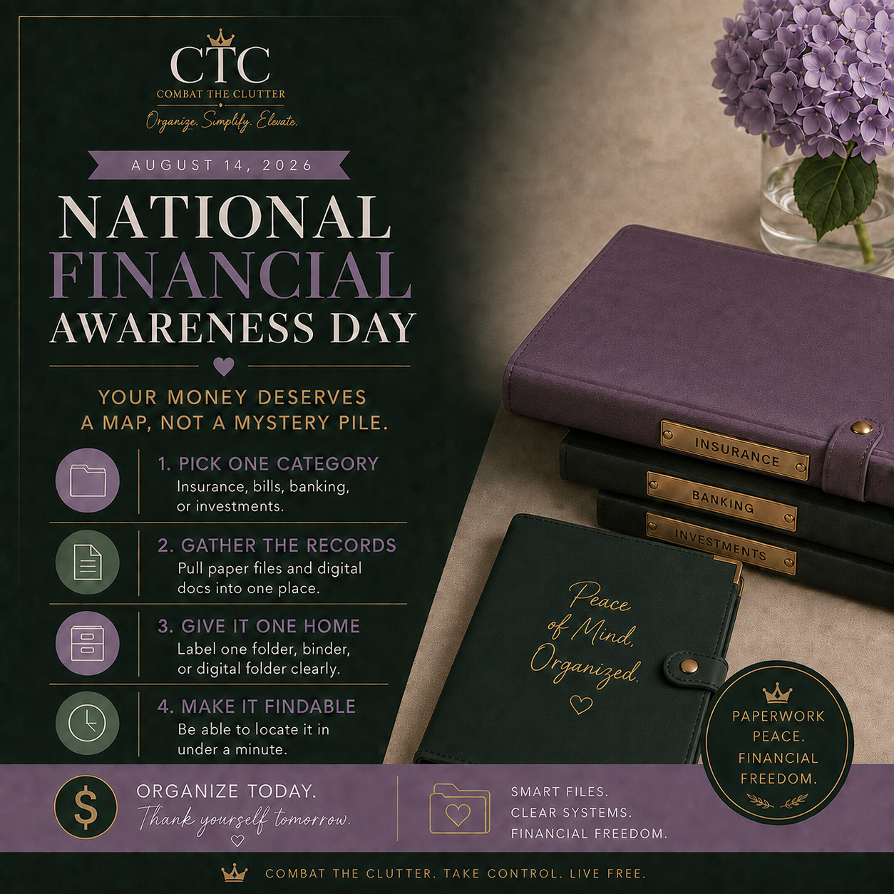 National Financial Awareness Day poster featuring labeled financial binders and a planner, with steps to choose one money category, gather records, organize them in one place, and make them easy to find.