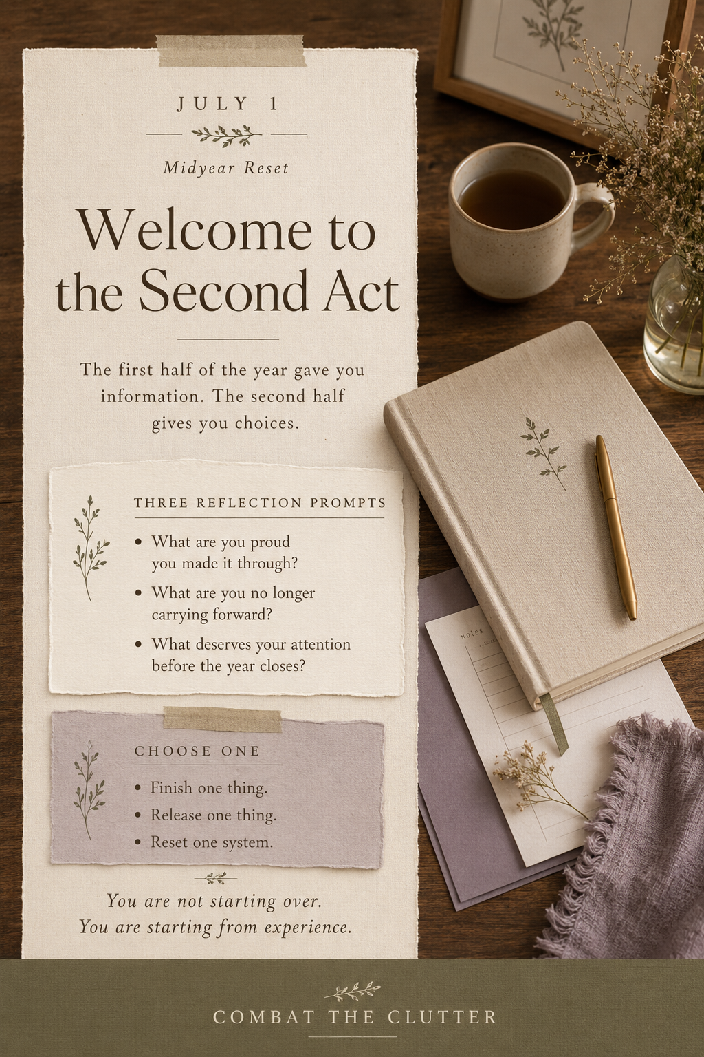 Welcome to the Second Act midyear reset poster with reflection prompts, simple action steps, a journal, tea, and flowers on a warm wooden desk.