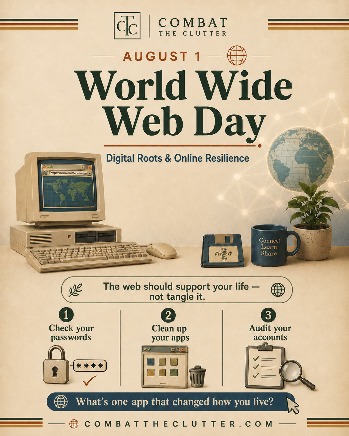World Wide Web Day poster featuring a retro computer and globe with digital resilience tips to check passwords, clean up apps, and audit accounts.