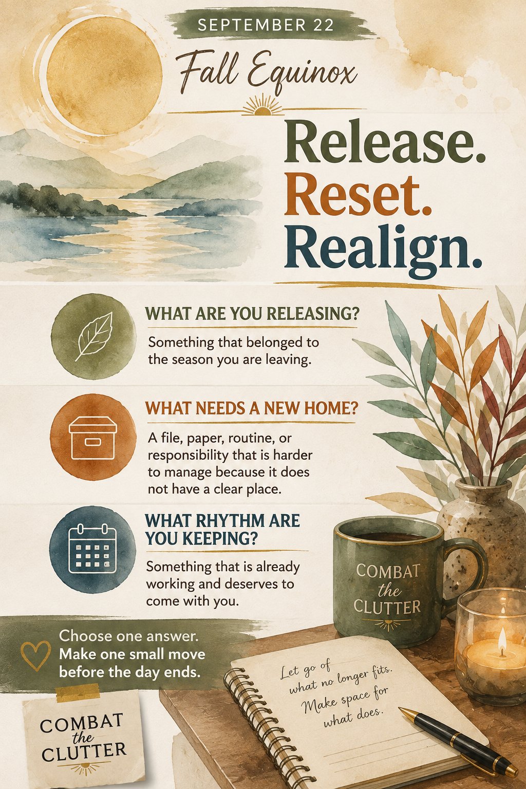 Fall Equinox poster by Combat the Clutter with reflection prompts about releasing what no longer fits, finding a home for clutter, and keeping routines that work.