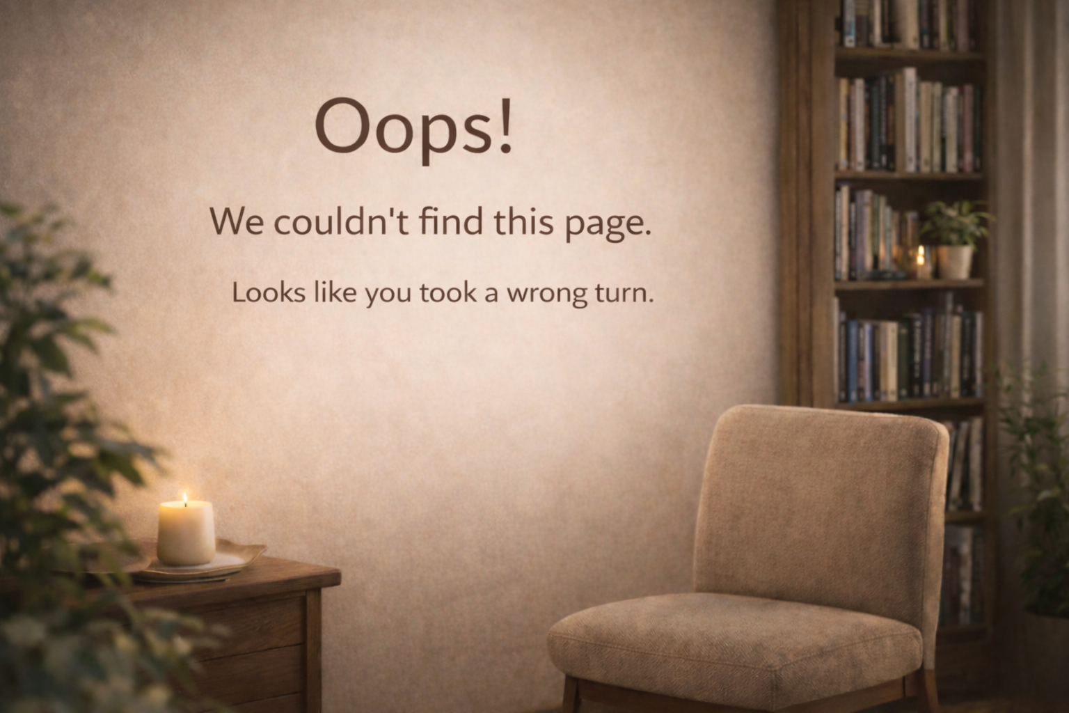 Combat the Clutter 404 error page with a chair beside a small table and candle in a quiet room, displaying an error message on the wall.