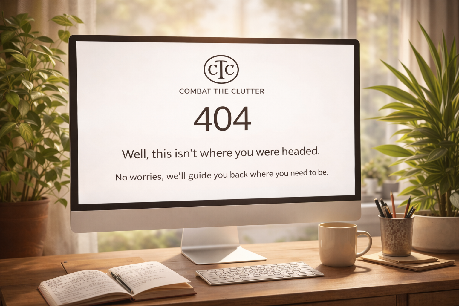 Combat the Clutter 404 error page displayed on a desktop monitor on a desk with a keyboard, mug, open notebook, and plants.