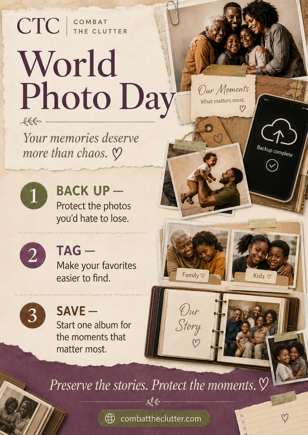 World Photo Day poster featuring Black families, printed photos, a photo album, and a phone backup screen, with steps to back up, tag, and save meaningful family memories.