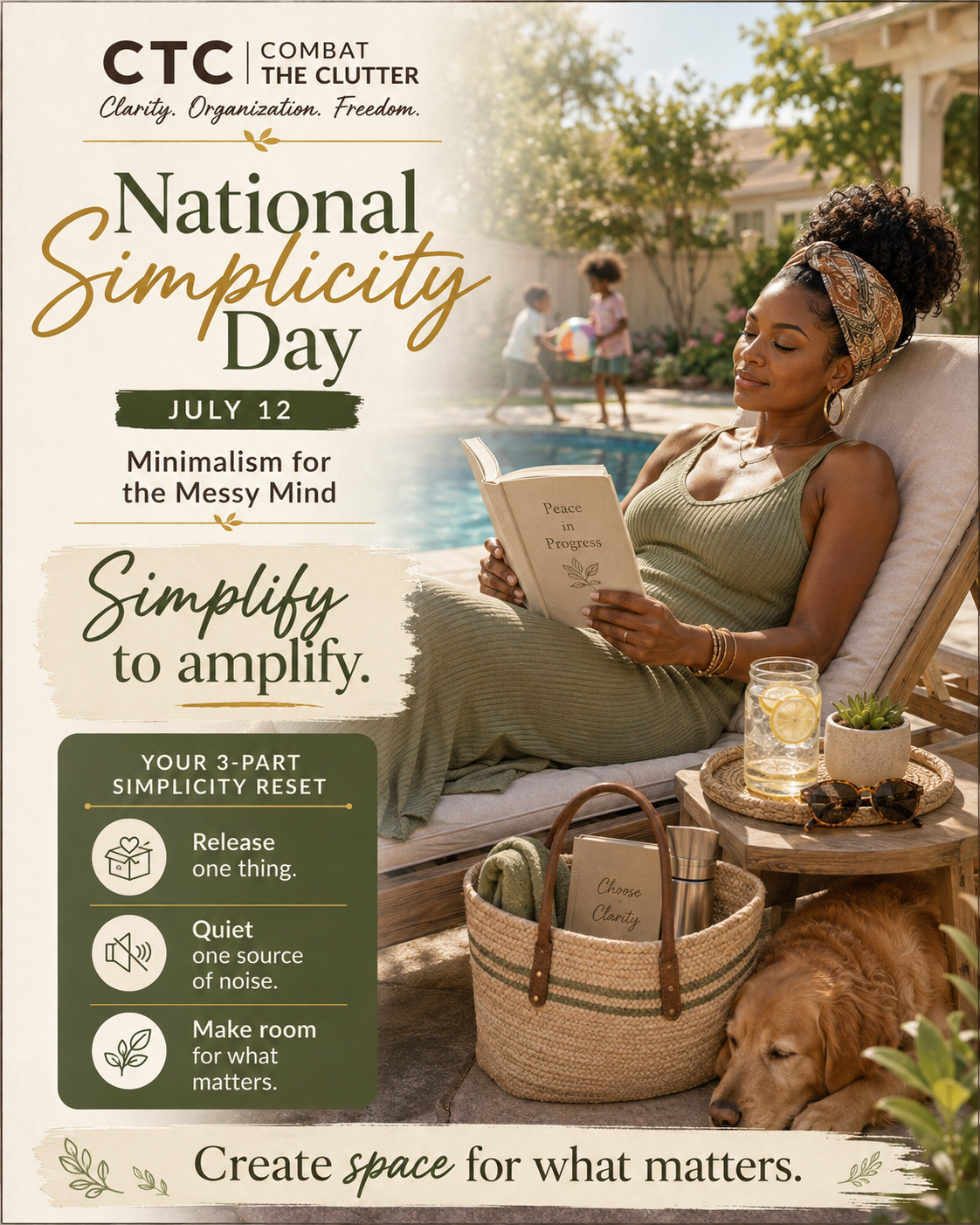National Simplicity Day poster showing a Black woman reading beside a pool with a three-part simplicity reset: release one thing, quiet one source of noise, and make room for what matters.