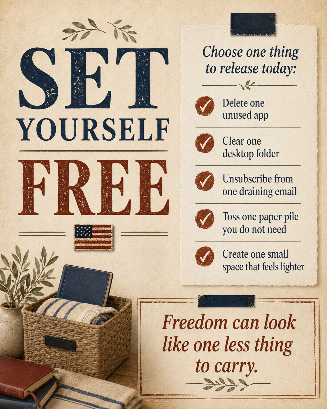 Independence Day action-steps poster titled “Set Yourself Free,” listing five small ways to release digital or physical clutter and create one lighter space.