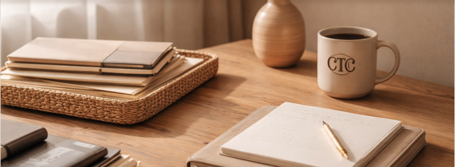 Warm wooden desk with notebooks, papers, a planner, pen, and a Combat the Clutter mug in soft natural light.