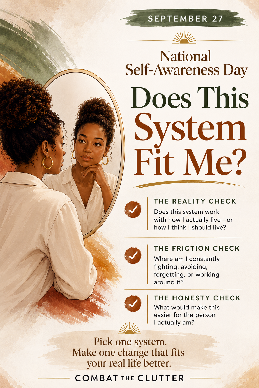 National Self-Awareness Day poster by Combat the Clutter encouraging reflection on whether personal systems fit real life, reduce friction, and support daily routines.