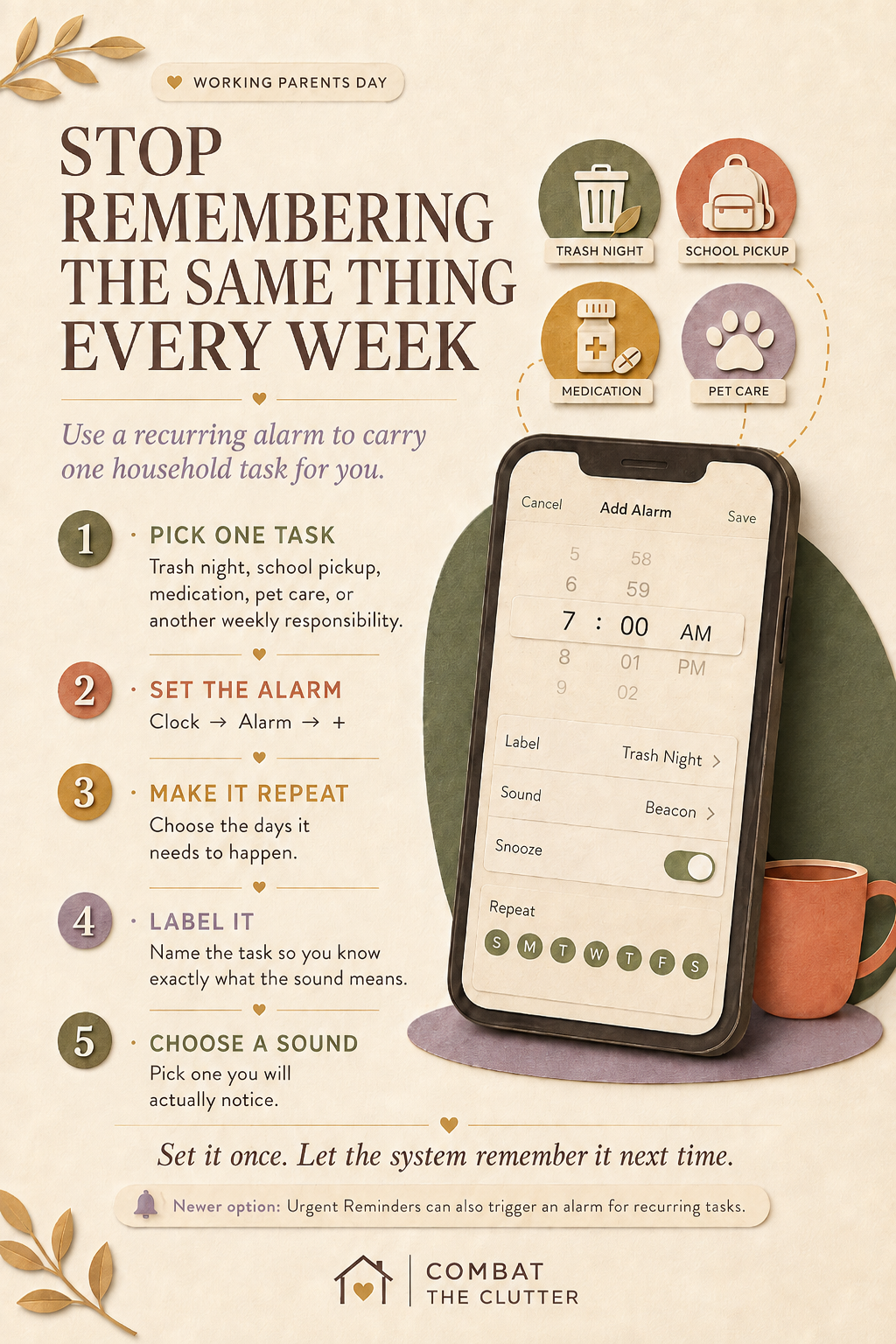 Working Parents Day poster by Combat the Clutter showing how recurring iPhone alarms can help manage weekly household tasks like trash night, school pickup, and pet care.