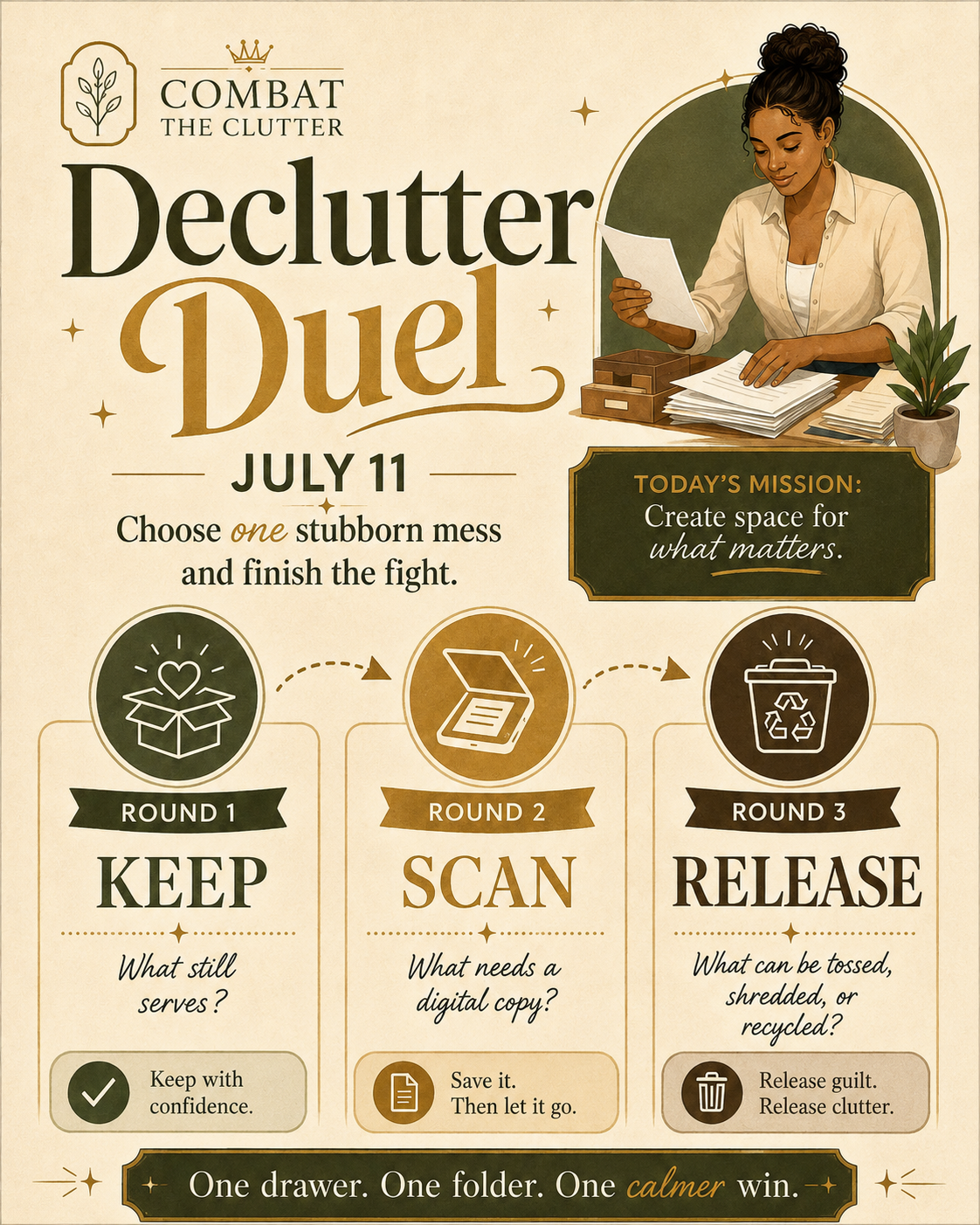 Slay Your Clutter Day poster showing a woman sorting papers and a three-round decluttering challenge: Keep what still serves, Scan what needs a digital copy, and Release what can be tossed, shredded, or recycled.