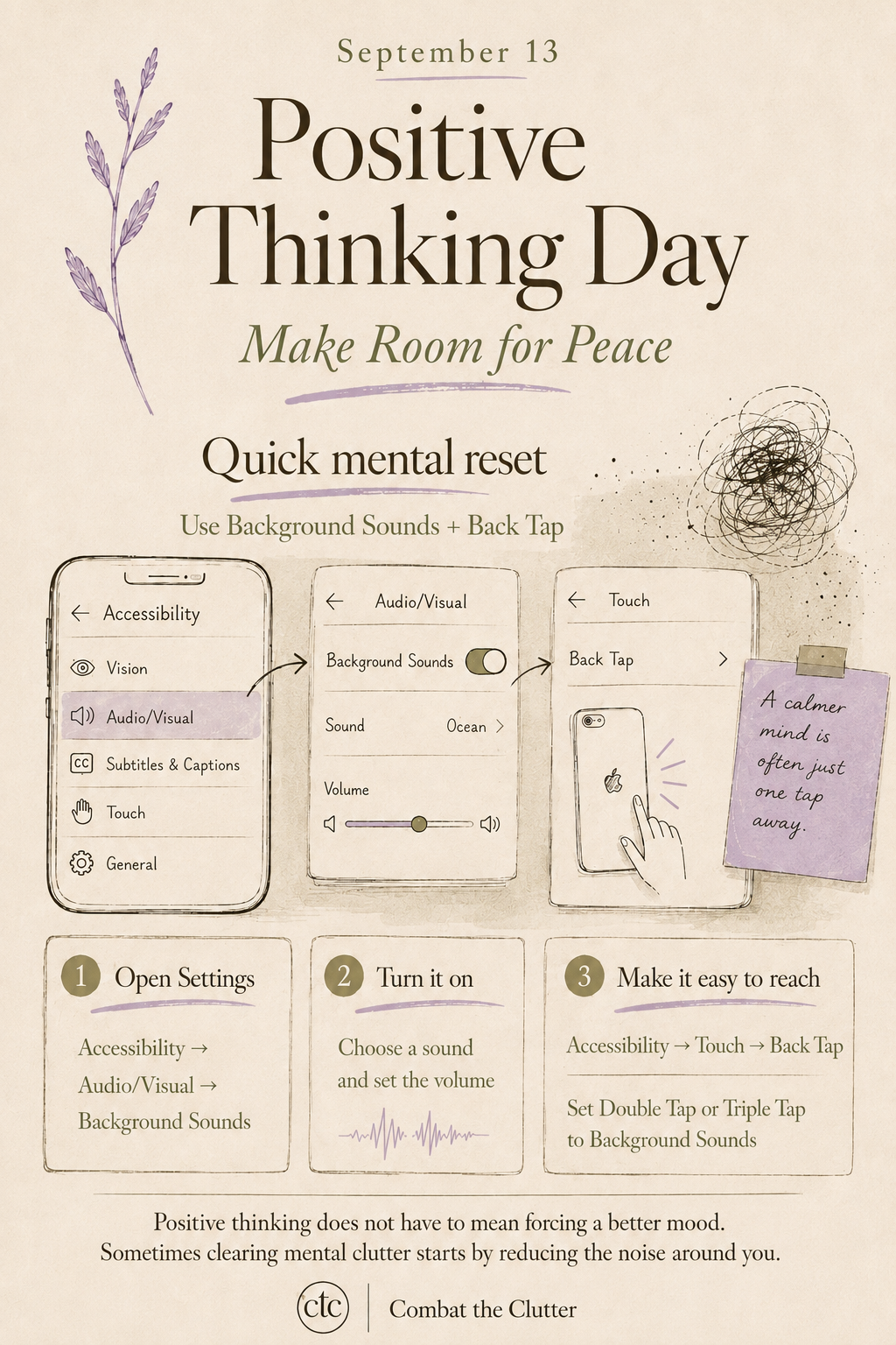 Positive Thinking Day poster by Combat the Clutter showing how to use iPhone Background Sounds and Back Tap for a quick mental reset and calmer focus.