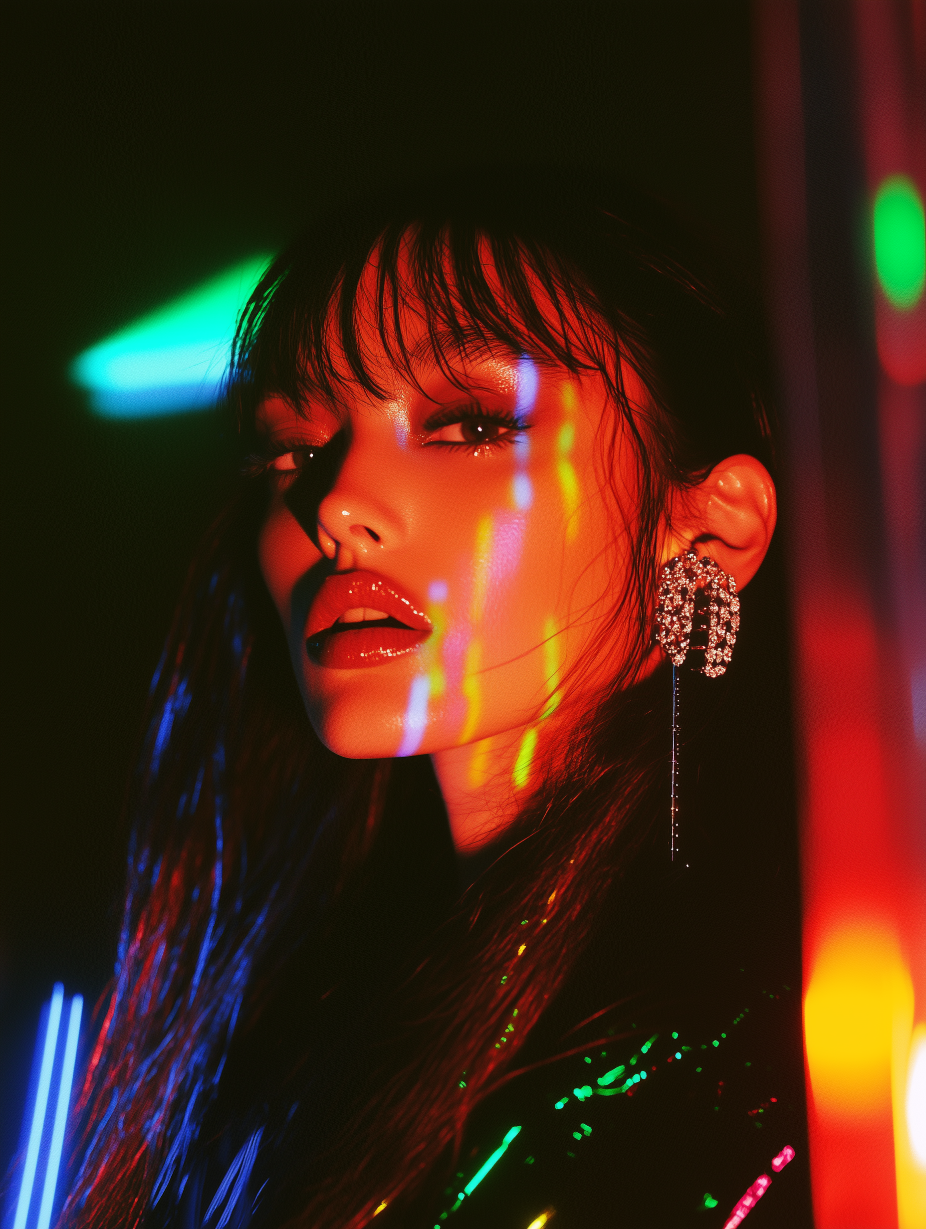 A woman with wet hair, wearing large diamond earrings, looking at the camera, illuminated by colorful lights and neon effects.