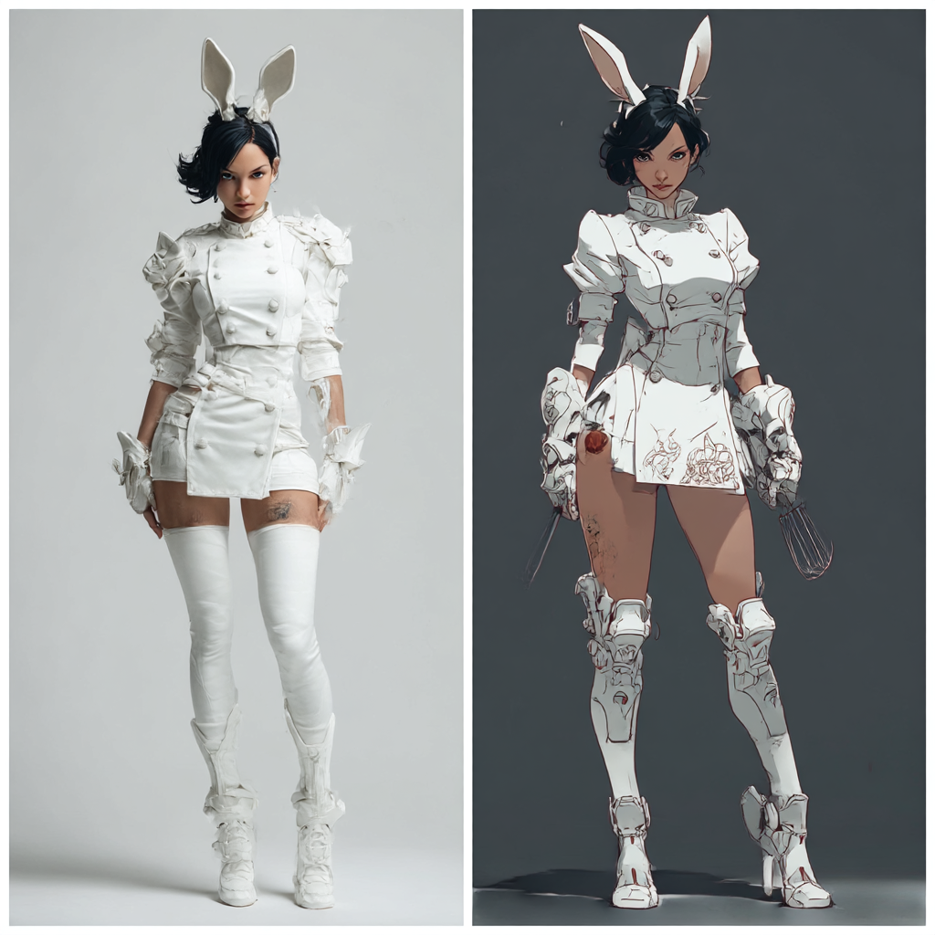 A side-by-side comparison of a woman in a bunny-themed outfit, with a realistic photograph on the left and a digital illustration on the right. She has a black bob haircut, white bunny ears, and is dressed in a white costume with thigh-high boots and