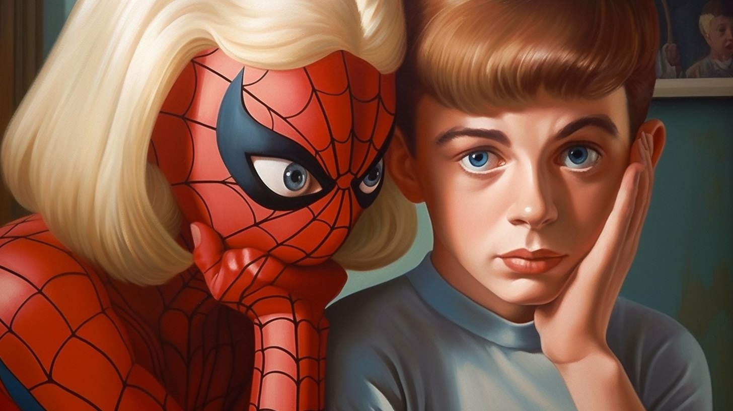 Close-up of a young boy with blue eyes and blond hair resting his face on his hand, beside a person dressed as Spider-Man with a mask and blonde hair.
