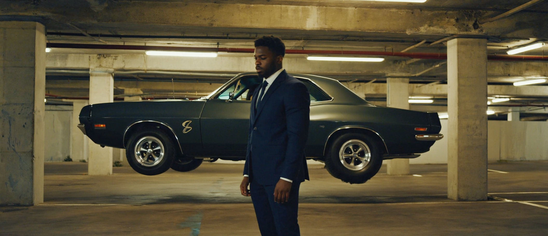 A man in a dark suit standing in a parking garage with a black vintage car suspended in mid-air behind him.