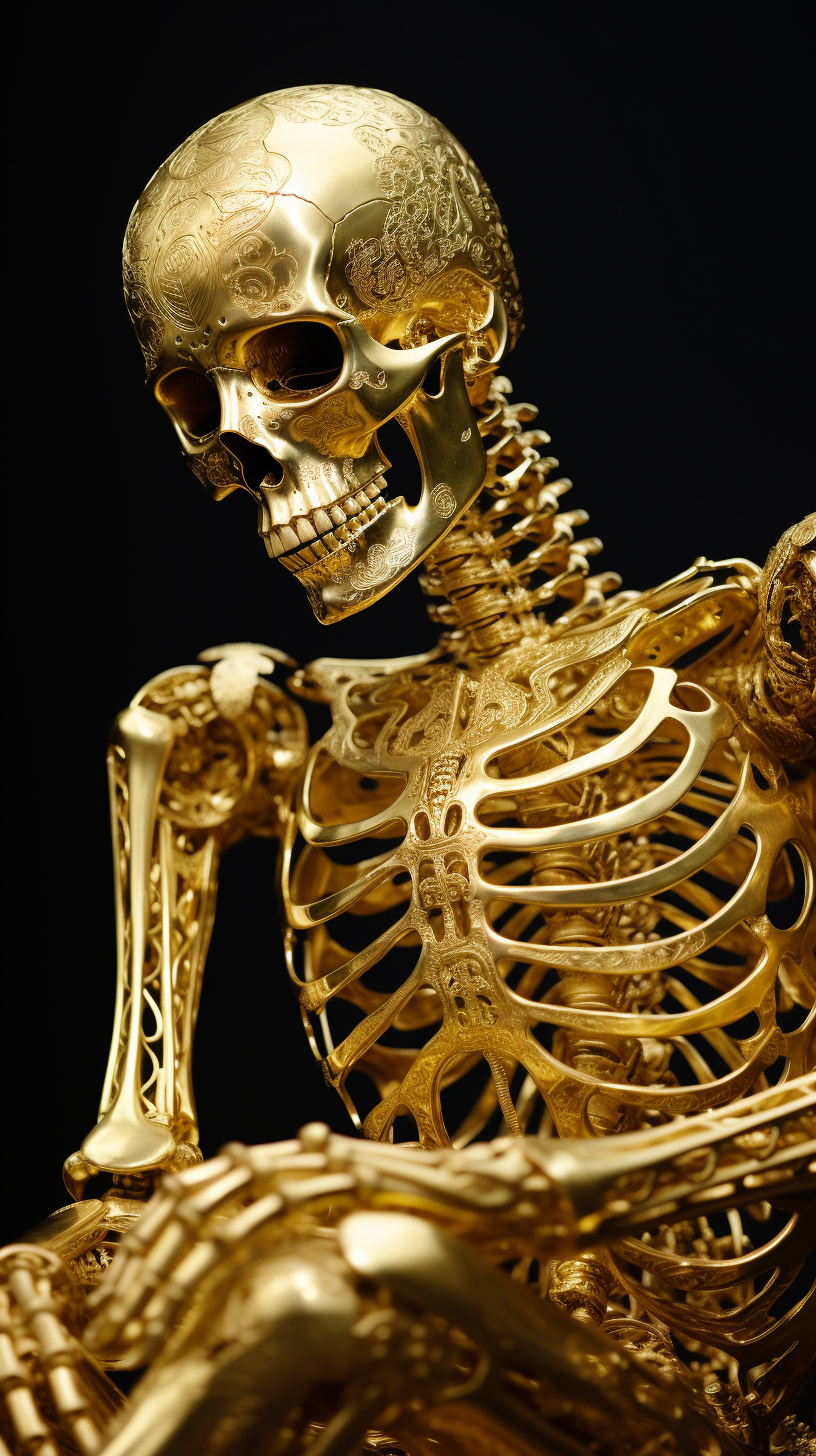 Golden skeleton sculpture with detailed bones and skull against a black background.