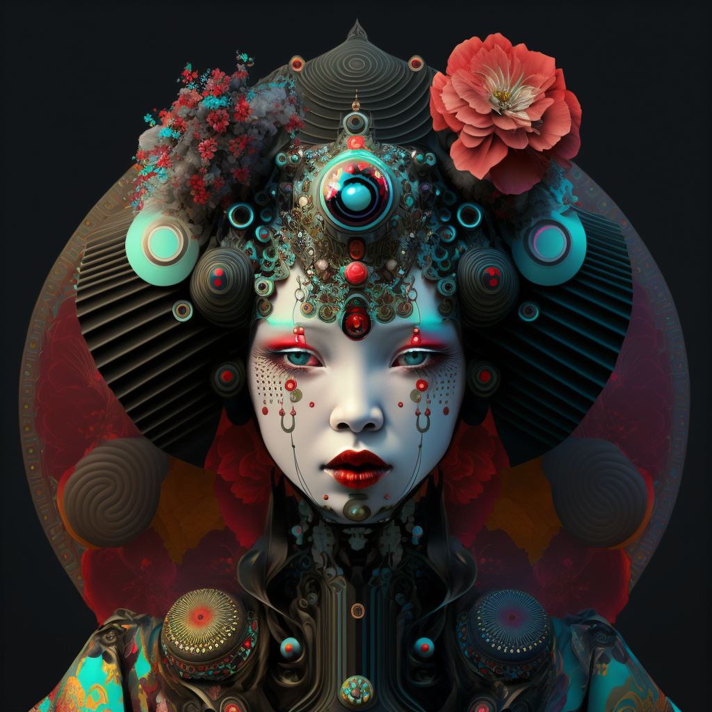 Digital art of a stylized woman with elaborate headdress, metallic jewelry, and vibrant makeup, surrounded by floral and abstract elements.
