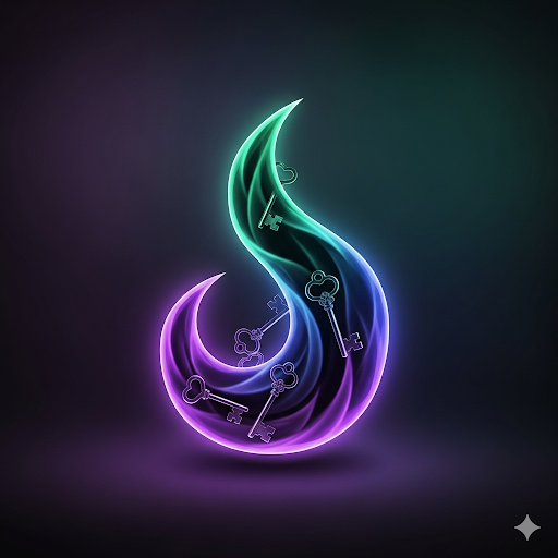 Colorful neon abstract flame with floating keys and lock icons.