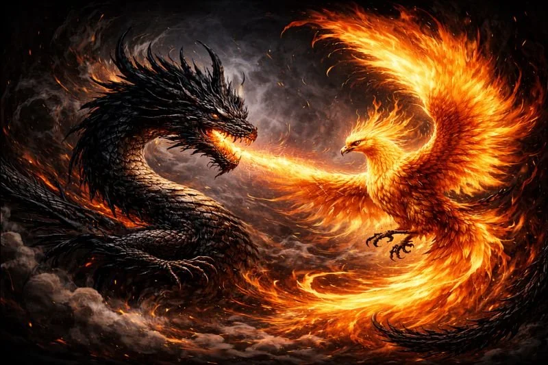 A digital illustration of a black dragon and a fiery golden phoenix engaged in a fierce battle, breathing fire at each other amidst a dark, stormy background.