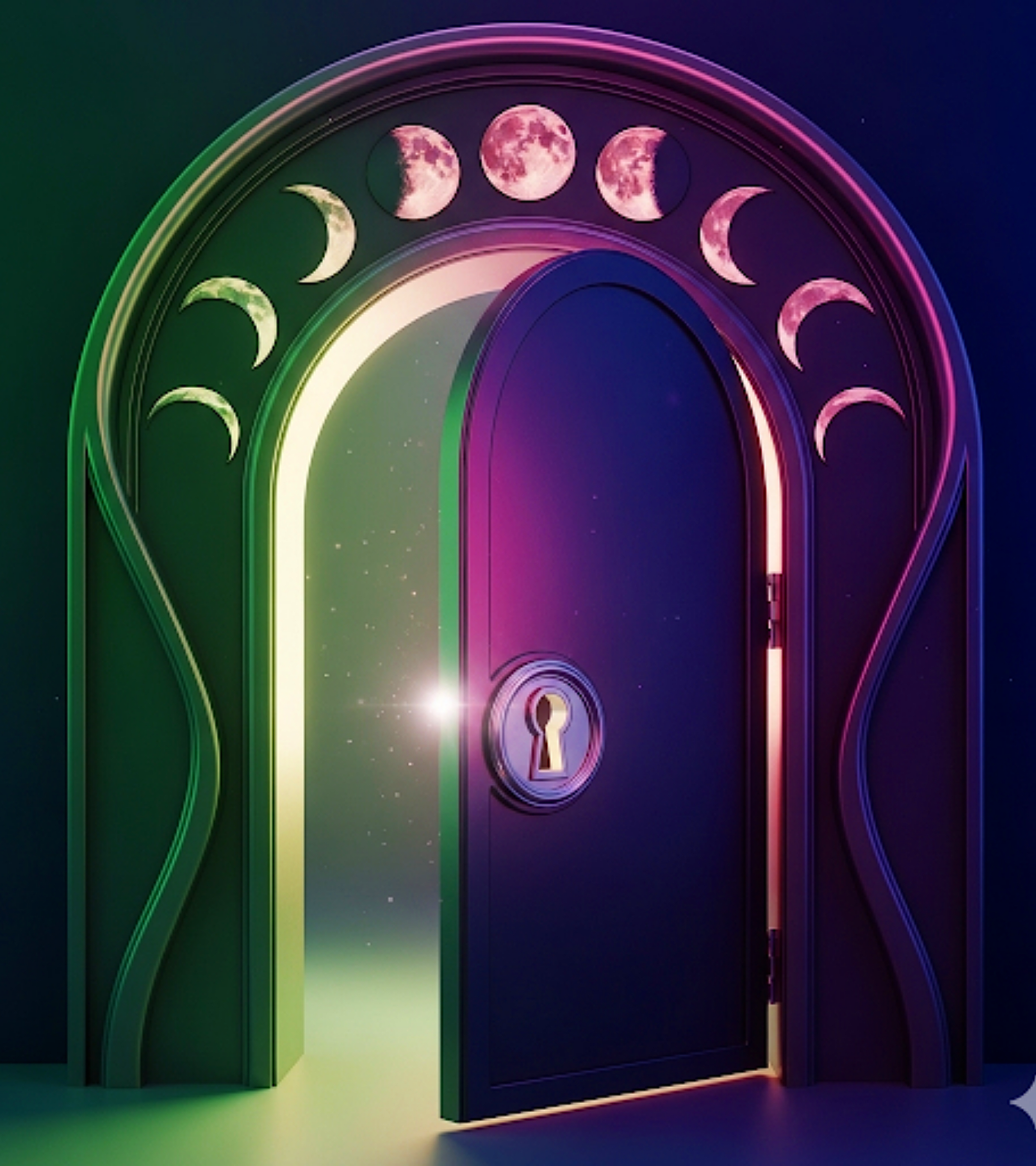 A colorful, glowing door with moon phases above it, set in a surreal, starry background.
